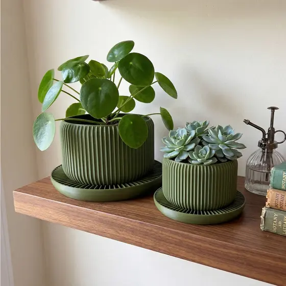 Vaso Decorativo Canelado com Prato Design Moderno Vaso para Plantas Naturais e Artificiais Decoração Casa