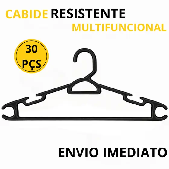 Cabide Adulto Preto Resistente Multifuncional Preto 38cm - 30 Un - Suporta até 3kg para Roupas