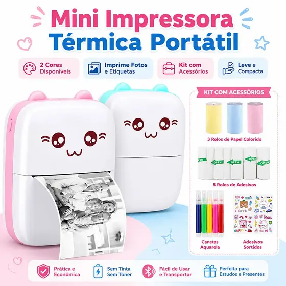Mini Impressora Térmica Portátil Bluetooth Sem Fio Compatível com Android e iOS para Fotos e Etiquetas