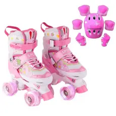 Patins Quad Moranguinho Lindo Tam./ajustável + Kit Proteção Rodinhas Led