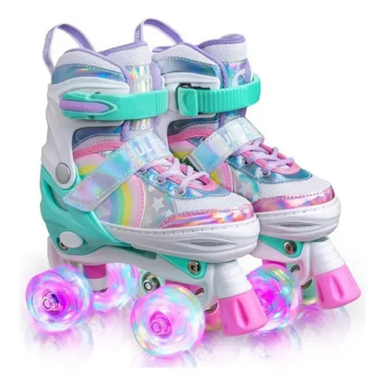 Patins Quad Ajustável Arco-íris rosa com Led