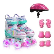 Patins lançamento Arco Iris Rosa 4 Rodas com Kit Proteção e Luz de Led