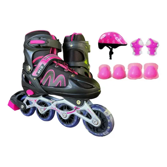 Patins roller in line Preto/Rosa com KIT