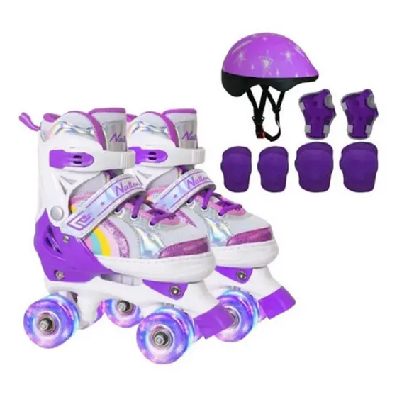 Patins 4 Rodas Arco Íris Roxo  Com Luz De Led + Kit Proteção