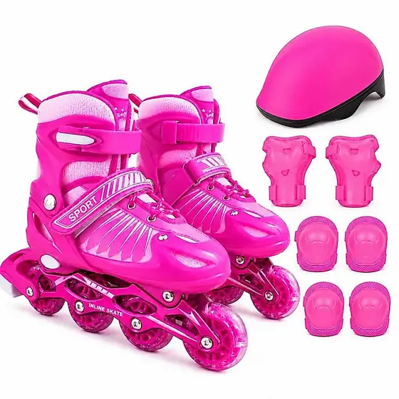 Patins Roller Infantil 4 Rodas Inline Rosa Com Led + kit Proteção