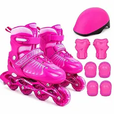 Patins Roller Infantil 4 Rodas Inline Rosa Com Led + kit Proteção