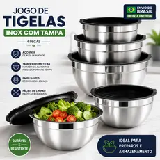 Kit 5 Tigela Para Salada De Aço Inoxidável Com Tampa Plástica De Vedação