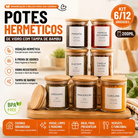 Kit 6/12 Pote de Vidro com Tampa Bambu 200ML Potes Herméticos Porta Mantimen Hermético à Prova de Odores