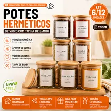 Kit 6/12 Pote de Vidro com Tampa Bambu 200ML Potes Herméticos Porta Mantimen Hermético à Prova de Odores