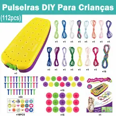 Kit de Fazer Pulseiras 112 Peças DIY Infantil com Fios Coloridos, Botões e Ferramentas de Trançar
