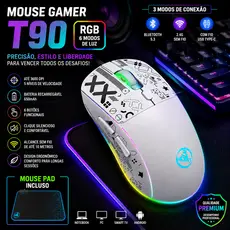 Mouse Gamer T90 Sem Fio RGB Bluetooth 5.3 2.4G Recarregável 6 Botões DPI 3600 + Mouse Pad PC Notebook