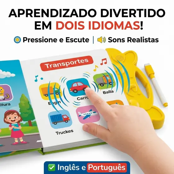 Livro Interativo Infantil Bilíngue Português-Inglês com Sons | Multi-temas Educativos e Aprendizagem Interativa