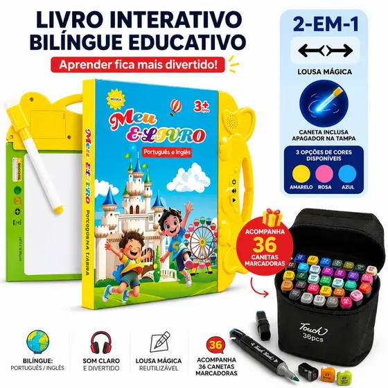 Livro Interativo Sonoro Bilíngue Infantil Português Inglês + Lousa Mágica Reutilizável + 60 Canetas Marcadoras 3+ Anos