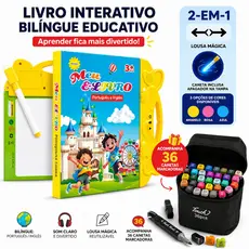 Livro Interativo Sonoro Bilíngue Infantil Português Inglês + Lousa Mágica Reutilizável + 2 Canetas Marcadoras 3+ Anos
