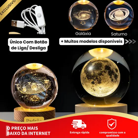Kit 2 Luminárias de Mesa Bola de Cristal LED 3D com Base de Madeira USB para Quarto e Decoração