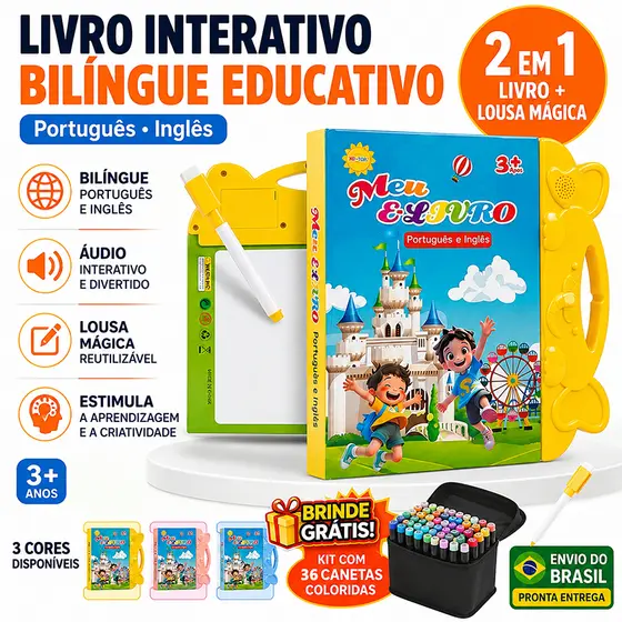 Livro Infantil com Som livro interativo Inglês e Português Com Lousa Mágica e Caneta Brinquedo Educativo