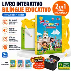 Livro Infantil com Som livro interativo Inglês e Português Com Lousa Mágica e Caneta Brinquedo Educativo