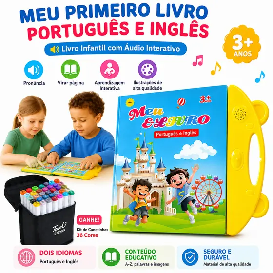 Livro Infantil Interativo Com Som Bilíngue Português Inglês Educativo Brinquedo Pedagógico Presente Infantil