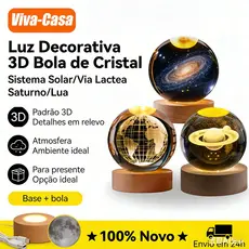 Luminária Bola de Cristal 3D LED Base Madeira Decoração Quarto Sistema Solar Lua Galáxia Presente Criativo