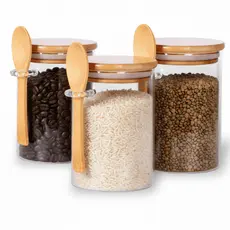 Pote Hermético De Vidro Colher em Bambu 970ml 750ml 550ml Redondo