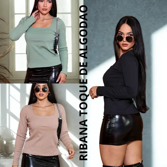 Blusa Canelada Feminina Decote Quadrado Busto Duplo toque de  Algodão Justa M/G