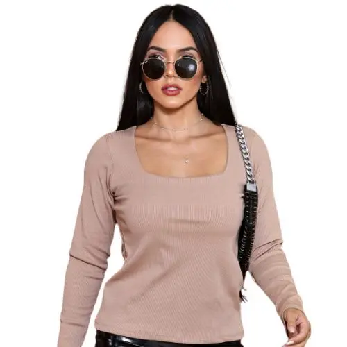 FIOREK Camiseta Feminina Gola Quadrada De Frio Manga Longa Ribana Canelado Toque de Algodão