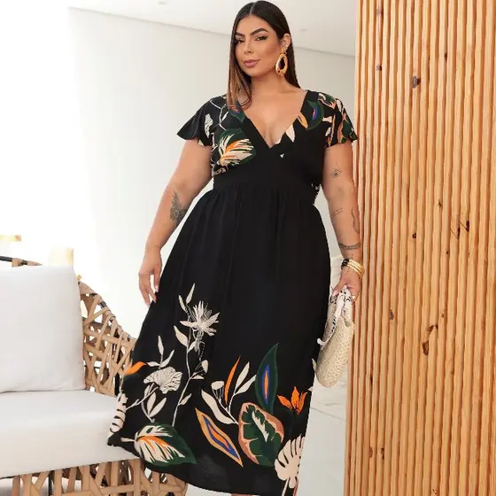 Vestido Estampado com Bolso e Forro Plus size Luxo