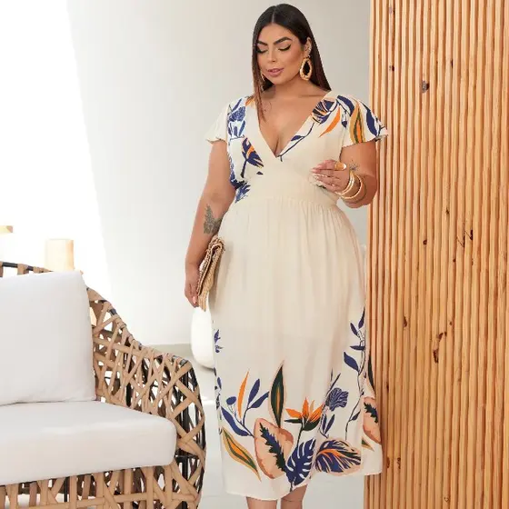 Vestido midi Estampado Tendencia Com Bolso e Forro