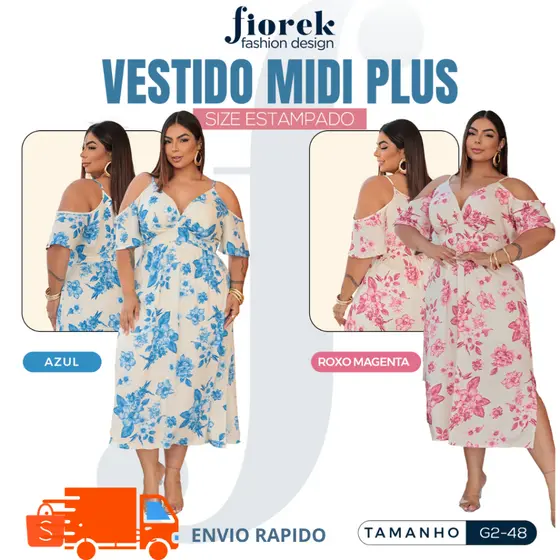 Vestido Midi Floral com Recortes Laterais e Ombros Vazados com Forro