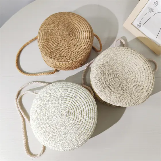 Bolsa de praia feminina bolsa redonda de palha bolsa transversal de verão