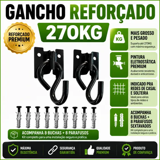 GANCHO DE REDE BLACK/PRETO KIT COMPLETO 8 BUCHAS E 8 PARAFUSOS