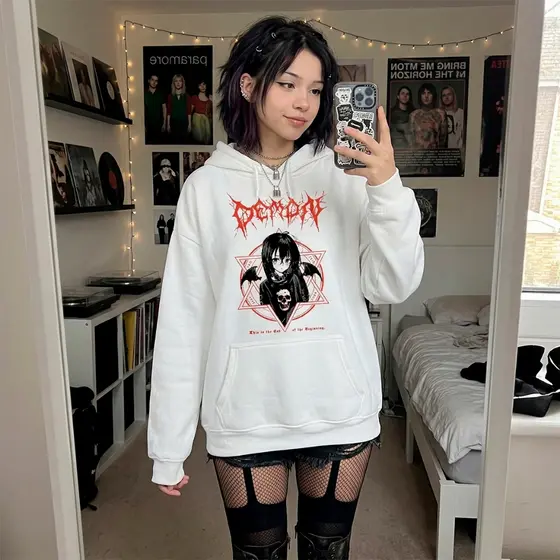 Blusa de Frio Demon Girl Moda Gótica Japonesa Moletom Canguru Capuz Estilo Emo