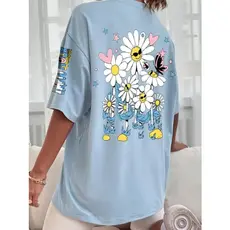 Camiseta Feminina Girassol Camisa Streetwear T-shirt Blusinha Estampa nas Costas e Mangas