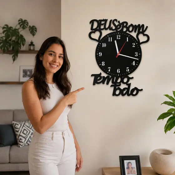 Relógio de Parede Deus é Bom o Tempo Todo MDF Preto 27cm Decorativo - ENVIO RÁPIDO