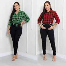 CAMISA XADRES FEMININA E MANGA 3/4 TECIDO CREPINHO