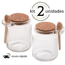 Kit 2 Pote de Vidro com Colher em Bambu e Tampa Rolha 240ml Lyor - Saleiro e Porta Condimento
