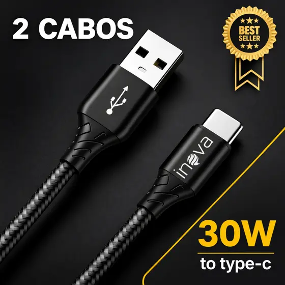 KIT 2 CABOS TIPO-C CARREGAMENTO RAPÍDO Original Inova Nylon Compativel com Qualquer Aparelho