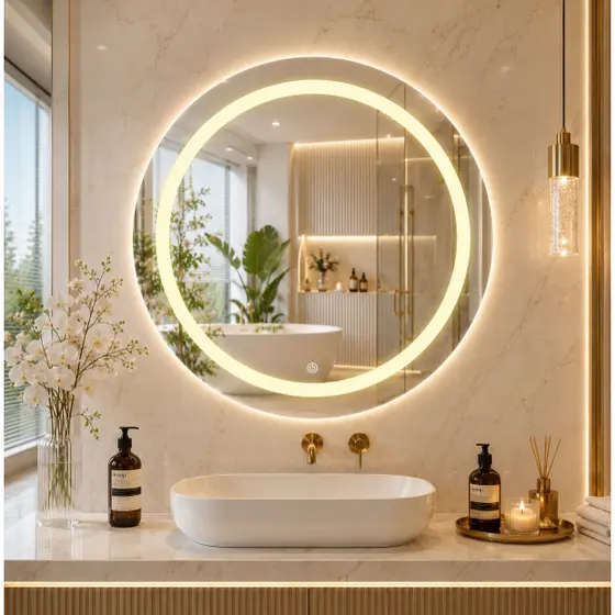 Espelho Decorativo Redondo 3 Tons LED Touch 50/60cm para Banheiro ou Penteadeira