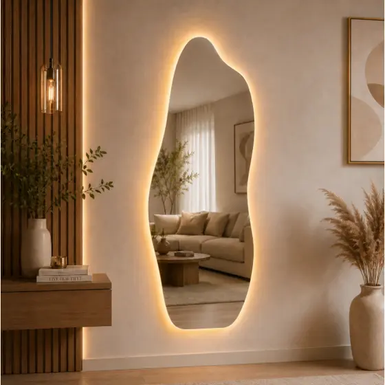 Espelho Grande 60x110cm Orgânico Flame LED Design Moderno Decorativo Sala Quarto Banheiro