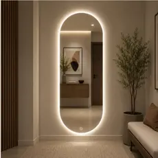 Espelho Oval Orgânico LED Touch 3 Cores de Luz Lapidado 120x50cm Decorativo Banheiro Quarto Sala