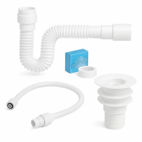 KIT Sifão + Engate Flexível 40cm + Veda Rosca + Válvula Lavatório PVC Branco