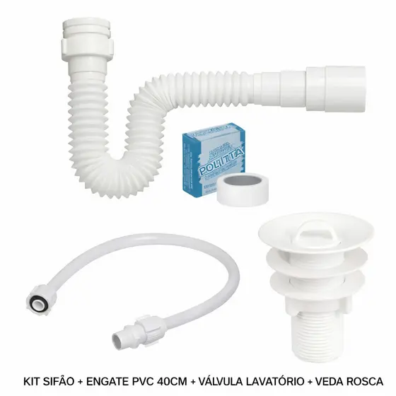 KIT Sifão + Engate Flexível 40cm + Veda Rosca + Válvula Lavatório PVC Branco Krona