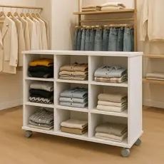 Móvel Expositor para Loja de Roupas 9 Nichos com Rodinhas  Branco Estante organização Closet