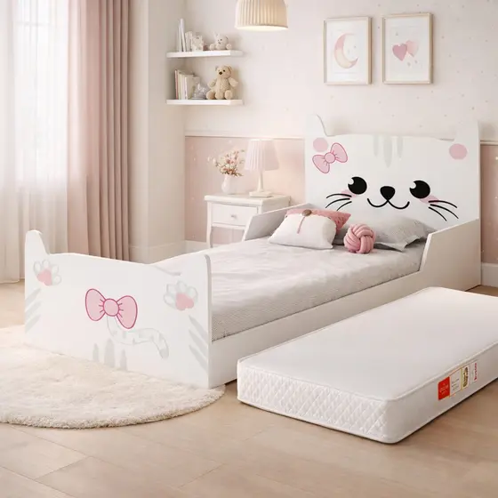 Cama Infantil Gatinho Branco Rosa em MDF Juvenil  para Quarto de Menina montessoriana com colchão