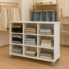 Móvel Expositor organização Closet para Loja de Roupas 9 Nichos com Rodinhas Branco Estante