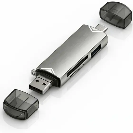 LEITOR DE CARTÃO MICROSD TF OTG USB 3.0 5GBPS 6 EM 1 PRATA ALUMÍNIO CINZA GRAFITE COM FURO P/ CHAVEIRO