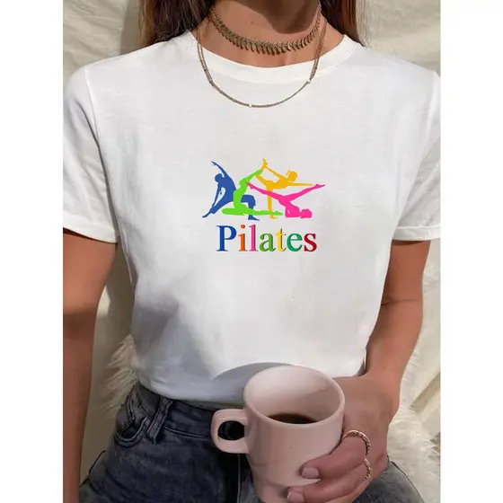 Camiseta Feminina Babylook t shirt pilates posições colorida atividade física academia fitness