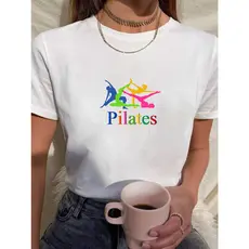 Camiseta Feminina Babylook t shirt pilates posições colorida atividade física academia fitness