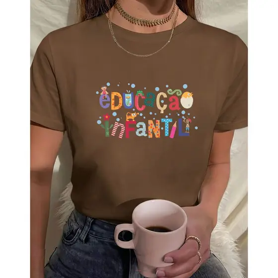 Camiseta Feminina Babylook educação infantil texturas coloridas professora escola 100% Algodão