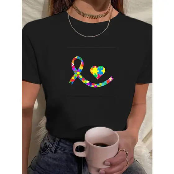 Camiseta Feminina Babylook t shirt autismo coração100% Algodão